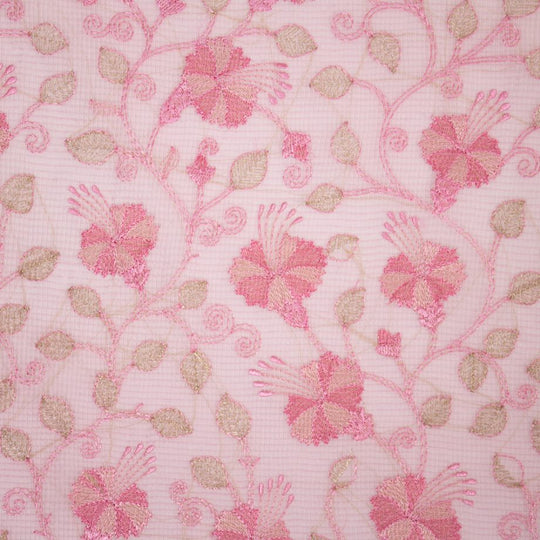 Tasnim Pink Semi Munga Kota Embroidered Fabric in Jaal Pattern