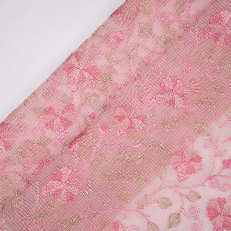 Tasnim Pink Semi Munga Kota Embroidered Fabric in Jaal Pattern