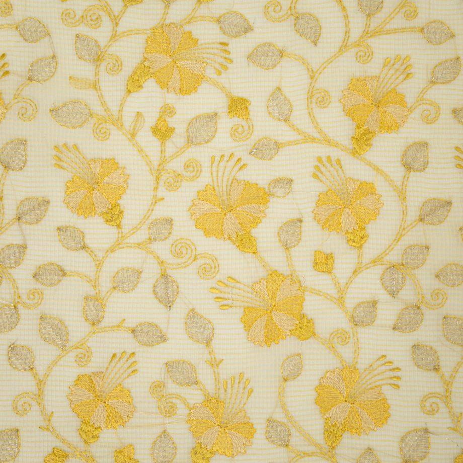 Tasnim Light Lemon Semi Munga Kota Embroidered Fabric in Jaal Pattern