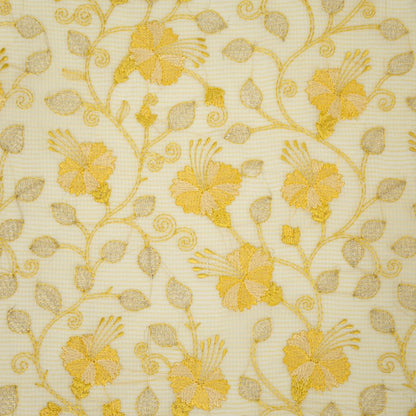 Tasnim Light Lemon Semi Munga Kota Embroidered Fabric in Jaal Pattern