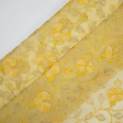 Tasnim Light Lemon Semi Munga Kota Embroidered Fabric in Jaal Pattern