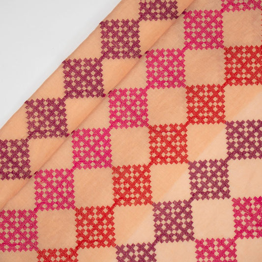 Nyra Peach Chanderi Embroidered Fabric in Geometric Buta Pattern