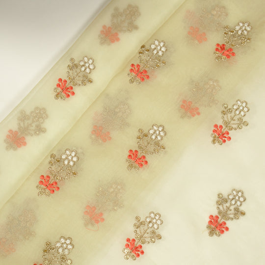 Sami Ivory Viscose Organza Embroidered Fabric in Buti Pattern