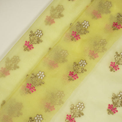 Sami Lemon Viscose Organza Embroidered Fabric in Buti Pattern