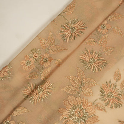 Kaasni Peach Viscose Georgette Embroidered Fabric in Jaal Pattern