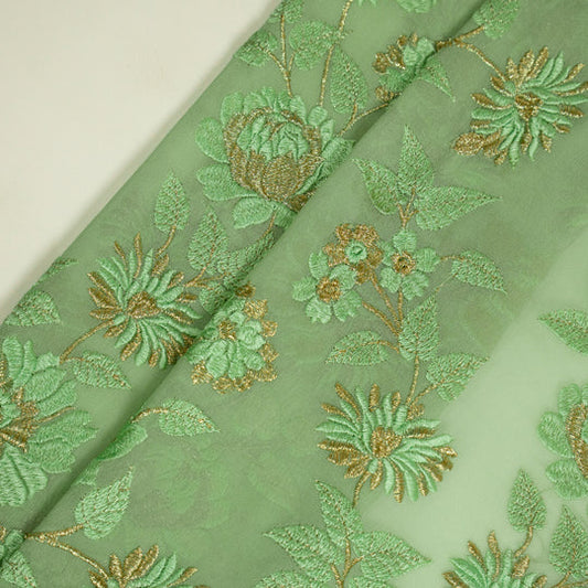 Kaasni Sea Green Viscose Georgette Embroidered Fabric in Jaal Pattern