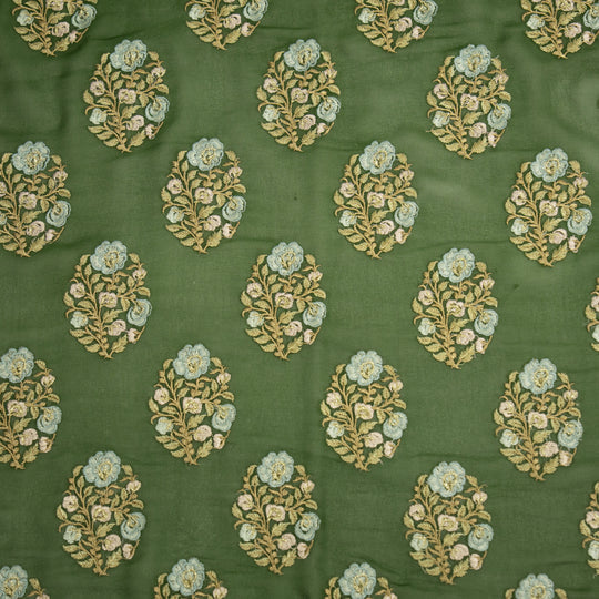 Haima Pine Green Viscose Georgette Embroidered Fabric in Buta Pattern