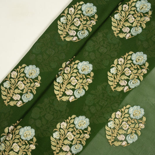 Haima Pine Green Viscose Georgette Embroidered Fabric in Buta Pattern