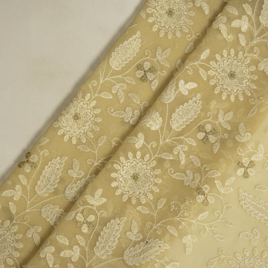 Muminah Cream Viscose Georgette Embroidered Fabric in Jaal Pattern