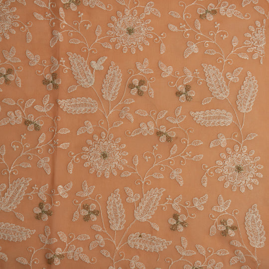 Muminah Deep Peach Viscose Georgette Embroidered Fabric in Jaal Pattern