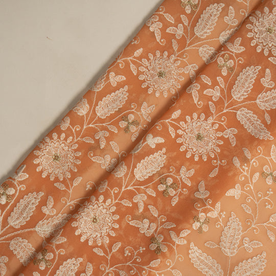 Muminah Deep Peach Viscose Georgette Embroidered Fabric in Jaal Pattern