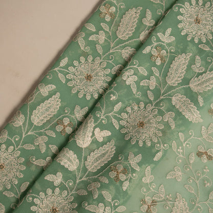 Muminah Aqua Viscose Georgette Embroidered Fabric in Jaal Pattern