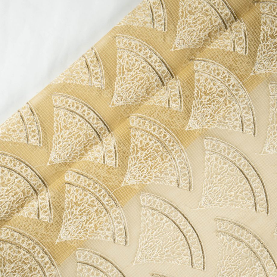 Wamika Beige Semi Munga Kota Embroidered Fabric in Buta Pattern