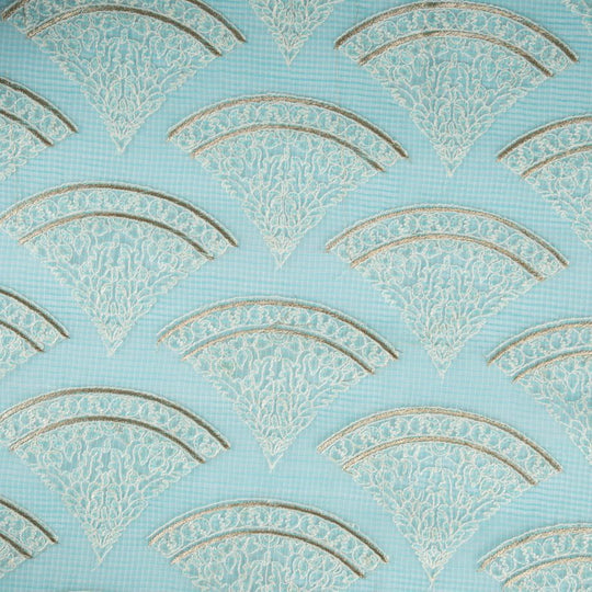 Wamika Turquoise Semi Munga Kota Embroidered Fabric in Buta Pattern