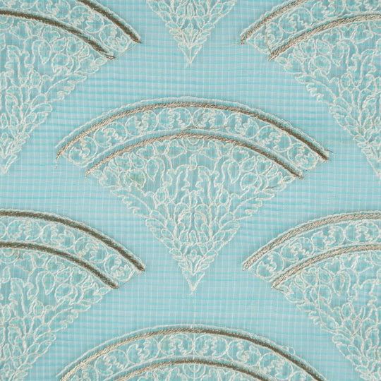 Wamika Turquoise Semi Munga Kota Embroidered Fabric in Buta Pattern