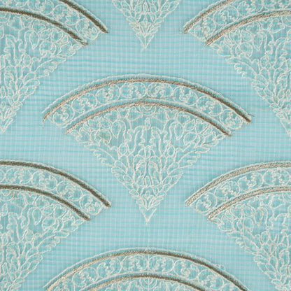 Wamika Turquoise Semi Munga Kota Embroidered Fabric in Buta Pattern