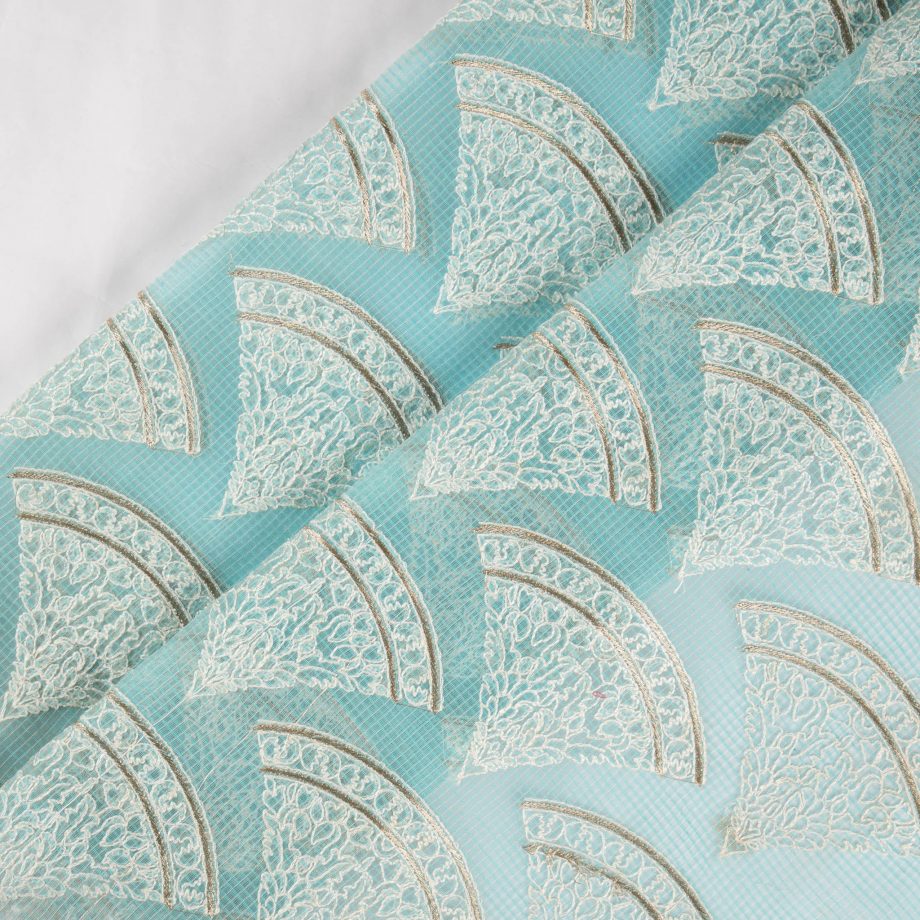 Wamika Turquoise Semi Munga Kota Embroidered Fabric in Buta Pattern