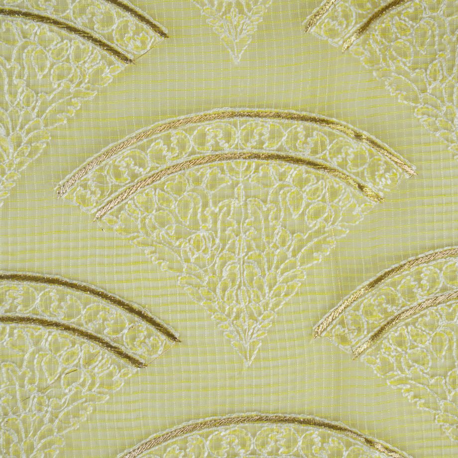 Wamika Lemon Semi Munga Kota Embroidered Fabric in Buta Pattern