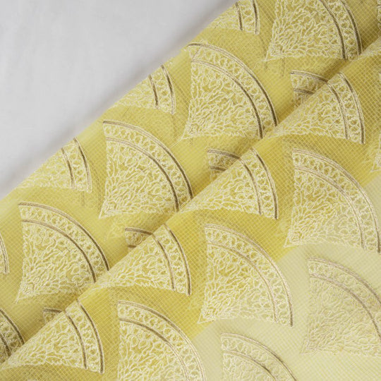 Wamika Lemon Semi Munga Kota Embroidered Fabric in Buta Pattern