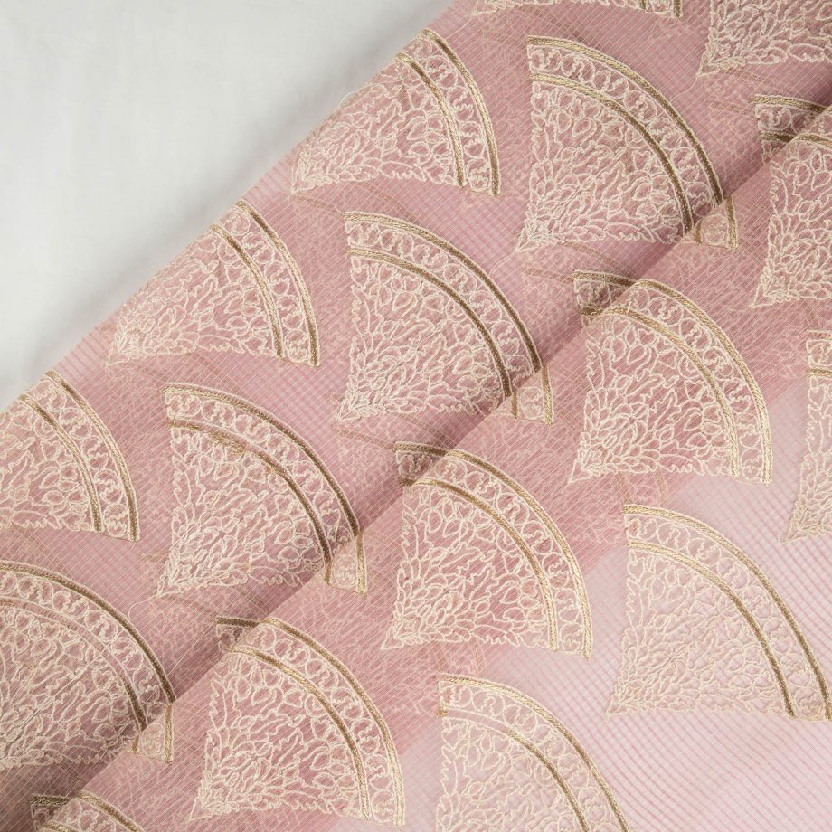 Wamika Pink Semi Munga Kota Embroidered Fabric in Buta Pattern