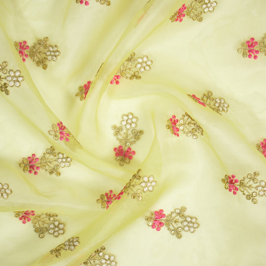 Sami Lemon Viscose Organza Embroidered Fabric in Buti Pattern