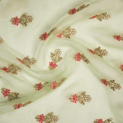 Sami Sea Green Viscose Organza Embroidered Fabric in Buti Pattern