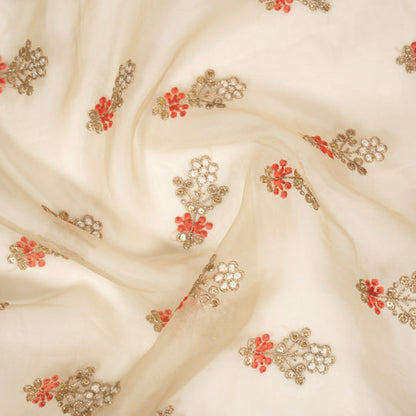 Sami Ivory Viscose Organza Embroidered Fabric in Buti Pattern