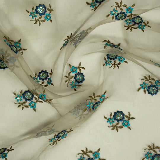 Wafiza Grey Viscose Organza Embroidered Fabric in Buti Pattern