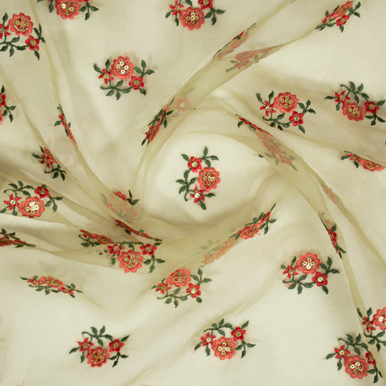 Wafiza Cream Viscose Organza Embroidered Fabric in Buti Pattern