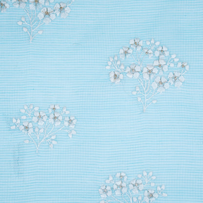 Yatika Turquoise Semi Munga Kota Embroidered Fabric in Buta Pattern