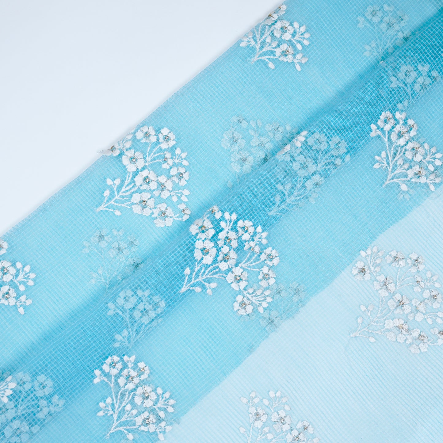 Yatika Turquoise Semi Munga Kota Embroidered Fabric in Buta Pattern