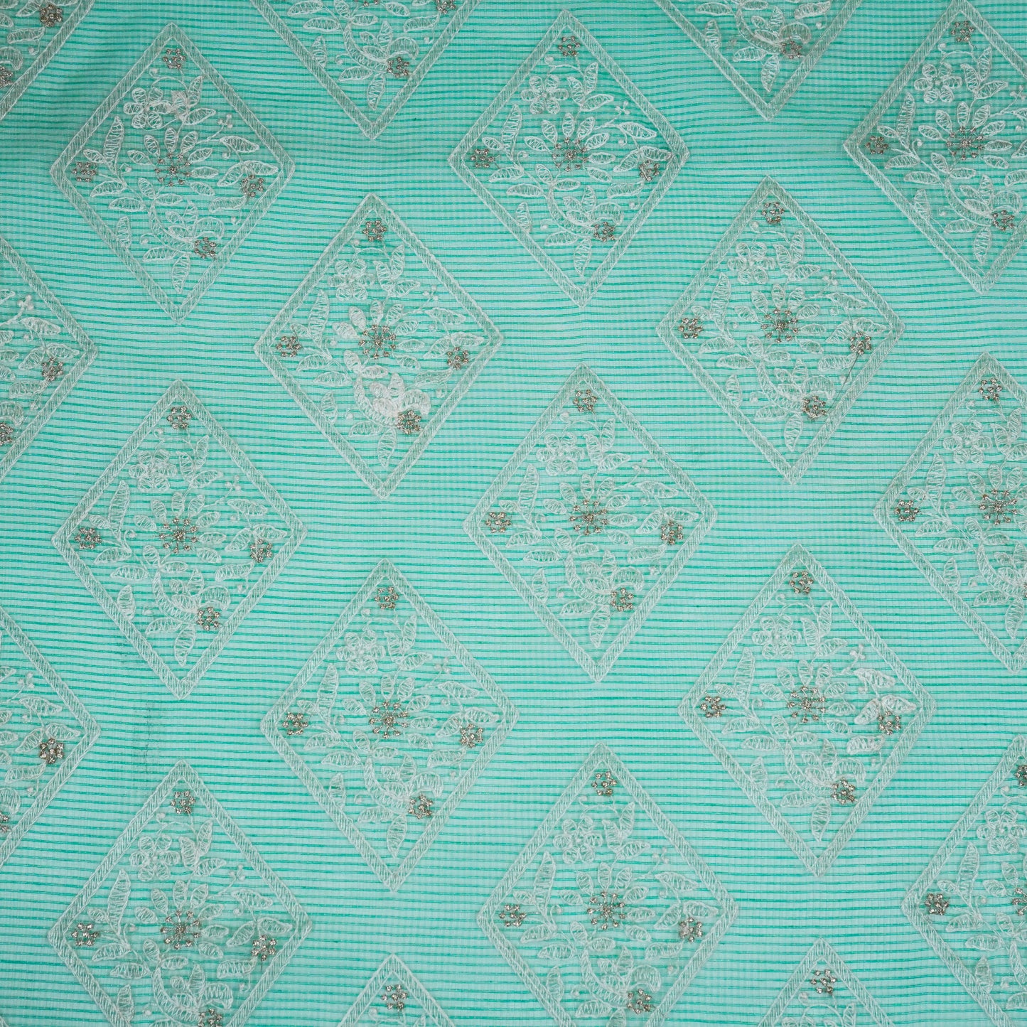 Yara Sea Green Semi Munga Kota Embroidered Fabric in Buta Pattern