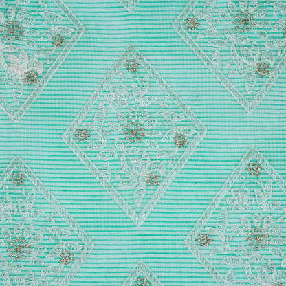 Yara Sea Green Semi Munga Kota Embroidered Fabric in Buta Pattern