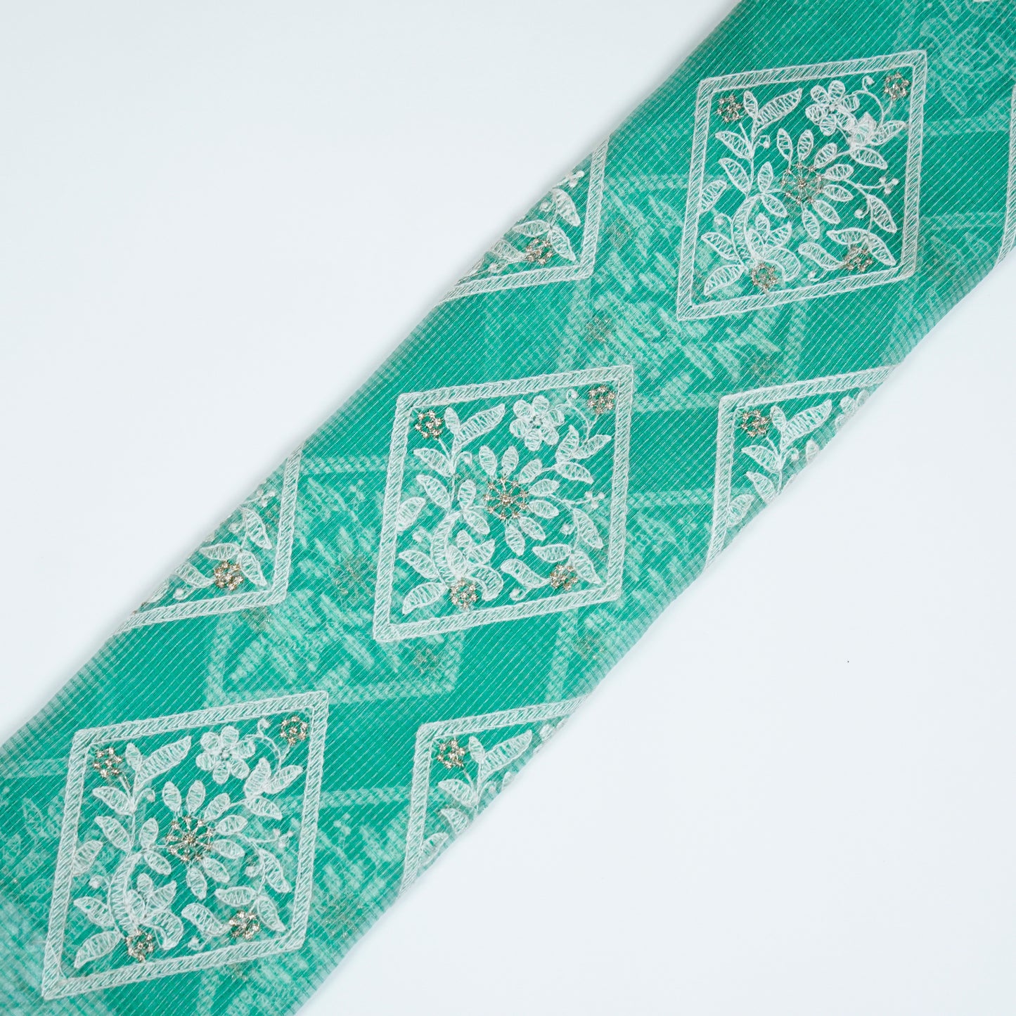 Yara Sea Green Semi Munga Kota Embroidered Fabric in Buta Pattern