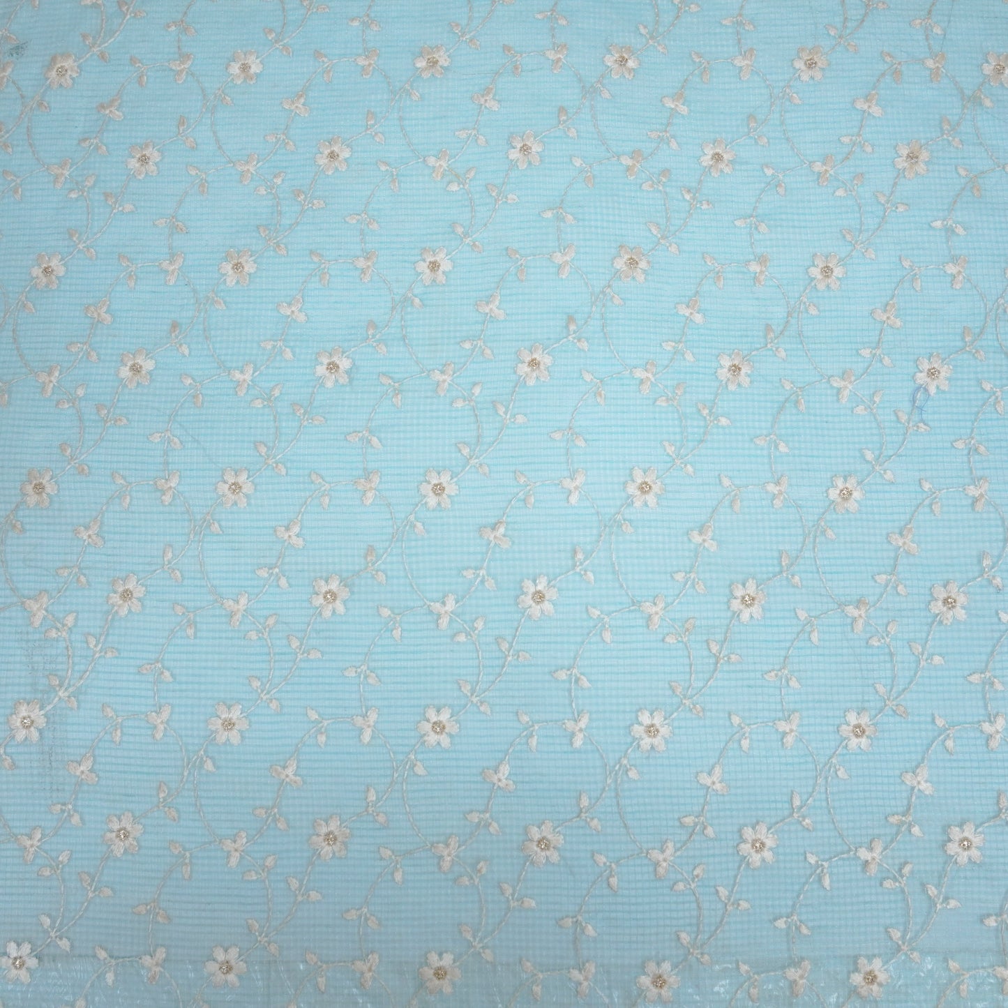 Wafiya Turquoise  Semi Munga Kota Embroidered Fabric in Jaal Pattern