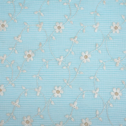 Wafiya Turquoise  Semi Munga Kota Embroidered Fabric in Jaal Pattern