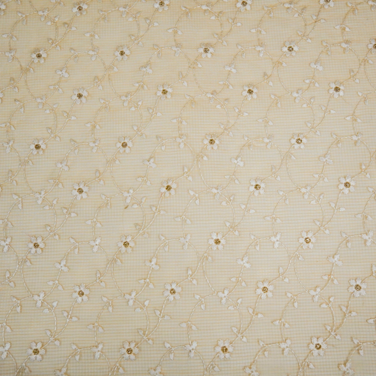 Wafiya Beige Semi Munga Kota Embroidered Fabric in Jaal Pattern