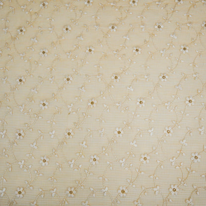 Wafiya Beige Semi Munga Kota Embroidered Fabric in Jaal Pattern