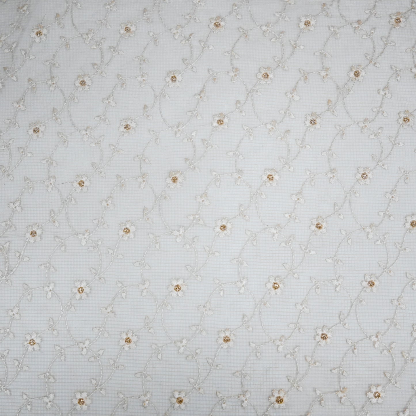 Wafiya White Semi Munga Kota Embroidered Fabric in Jaal Pattern