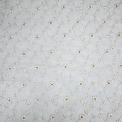 Wafiya White Semi Munga Kota Embroidered Fabric in Jaal Pattern