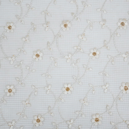 Wafiya White Semi Munga Kota Embroidered Fabric in Jaal Pattern