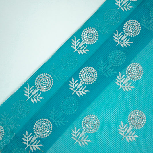 Rasha Teal Blue Semi Munga Kota Embroidered Fabric in Jaal Pattern