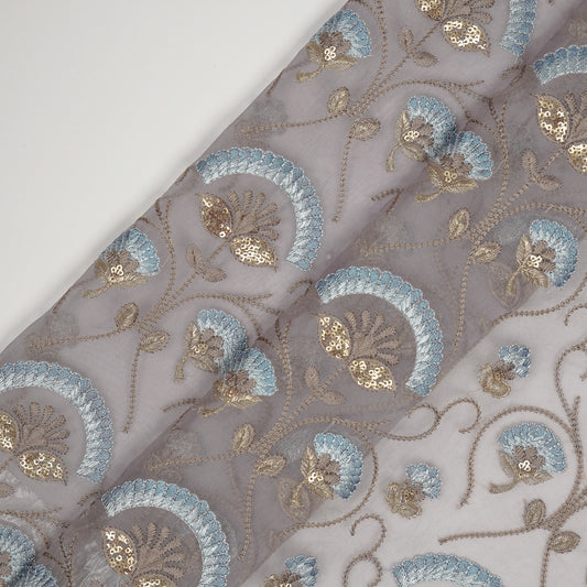 Antara Light Grey Viscose Organza Embroidered Fabric in Jaal Pattern