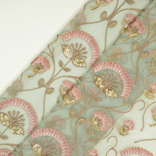 Antara Aqua Viscose Organza Embroidered Fabric in Jaal Pattern