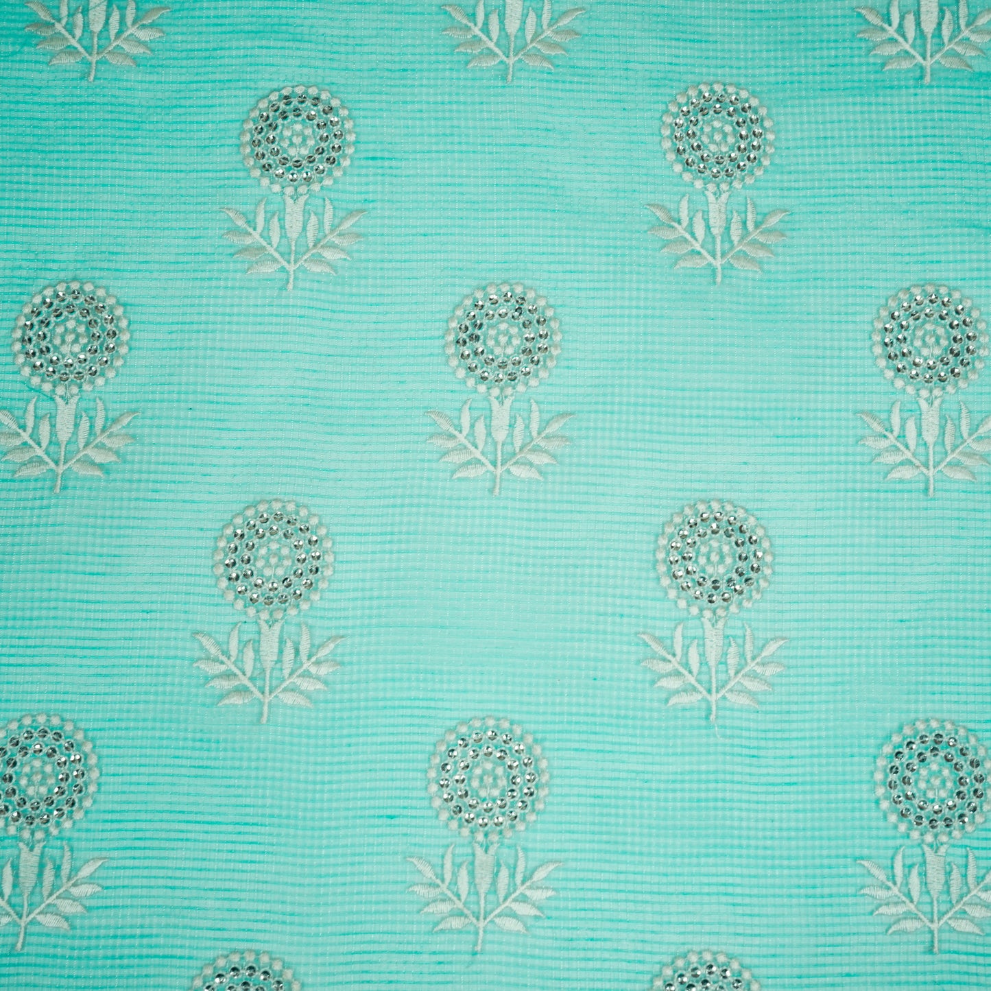 Rasha Turquoise Semi Munga Kota Embroidered Fabric in Jaal Pattern