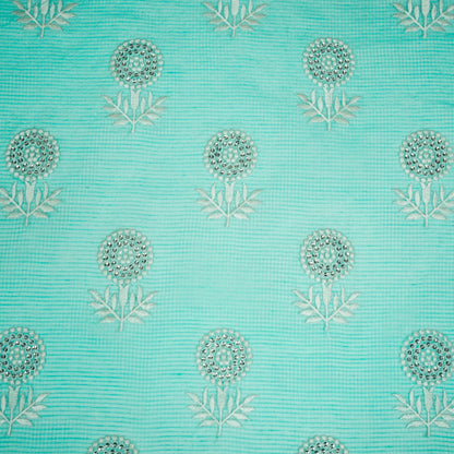 Rasha Turquoise Semi Munga Kota Embroidered Fabric in Jaal Pattern