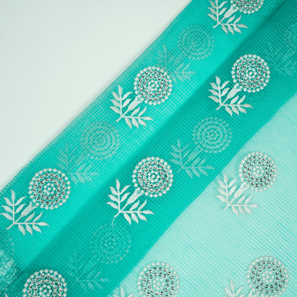 Rasha Turquoise Semi Munga Kota Embroidered Fabric in Jaal Pattern