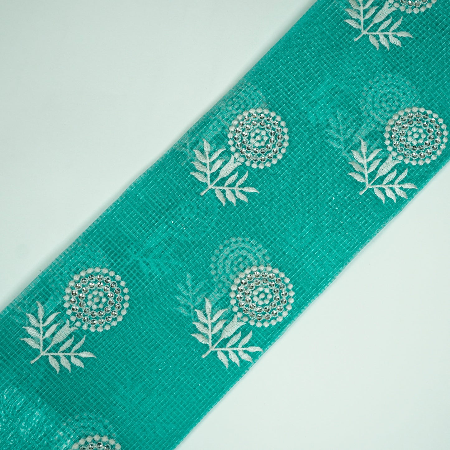 Rasha Turquoise Semi Munga Kota Embroidered Fabric in Jaal Pattern