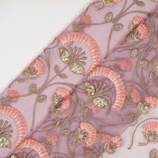 Antara Mauve Viscose Organza Embroidered Fabric in Jaal Pattern