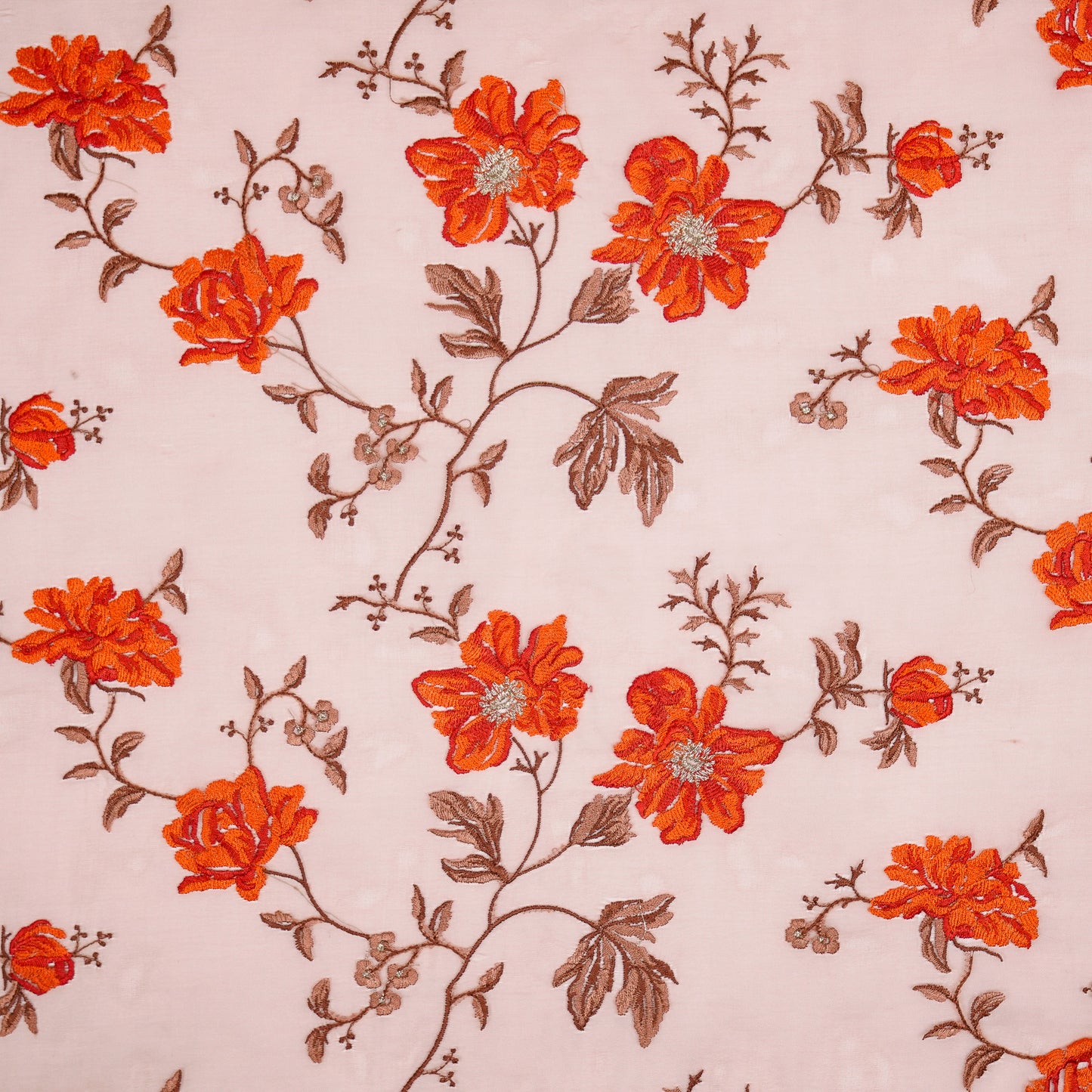 Ayka Peach Viscose Organza Embroidered Fabric in Jaal Pattern